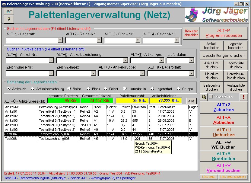 Startbild von Palettenlagerdatenbank